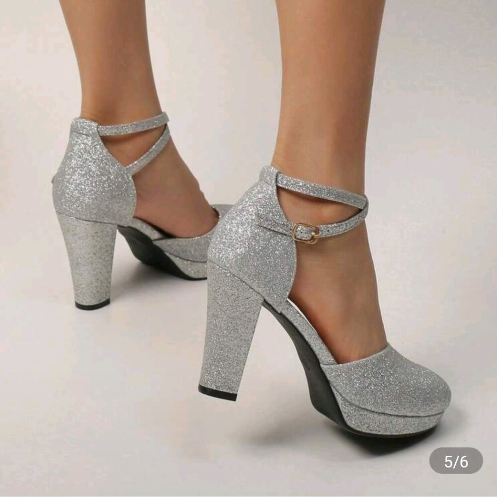 Women's High-Heeled Shoe/Platform, Chunky Heel, Stunning Silver